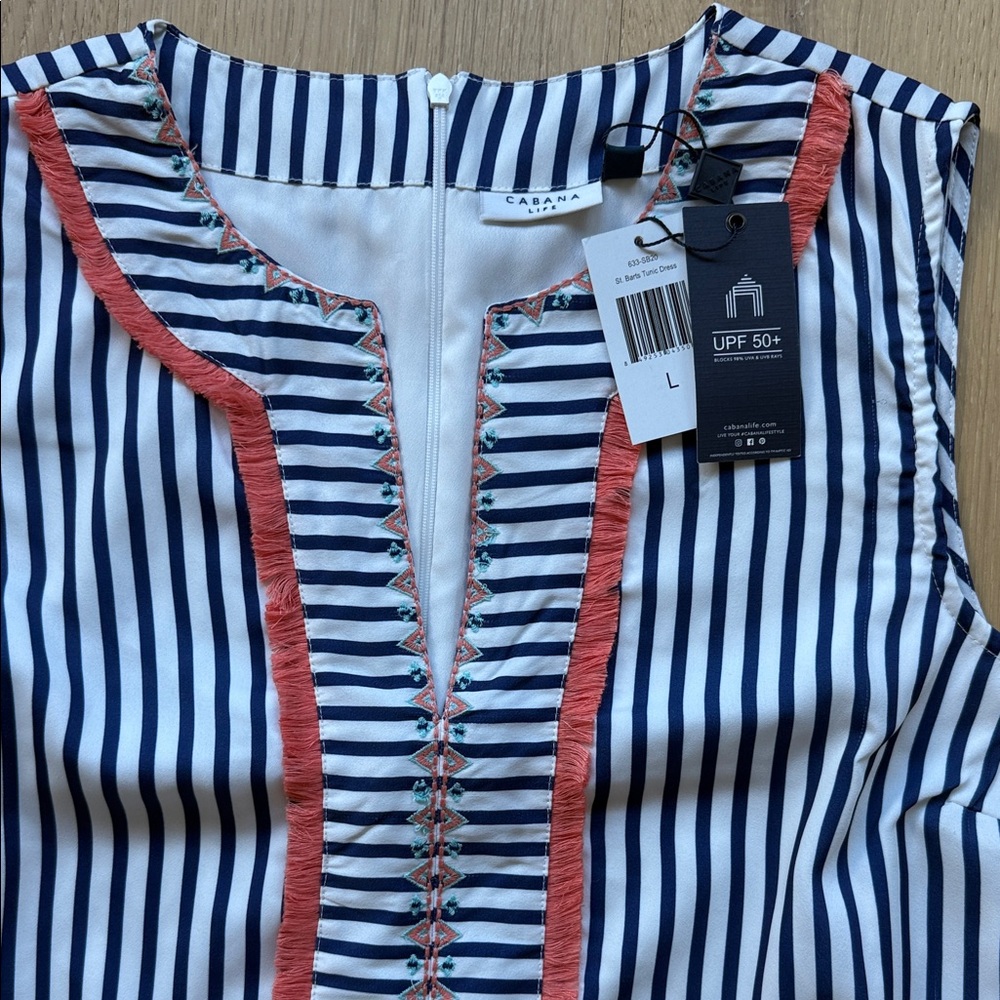 NWT Cabana Life Navy and White Striped Dress with Coral Accents. Large